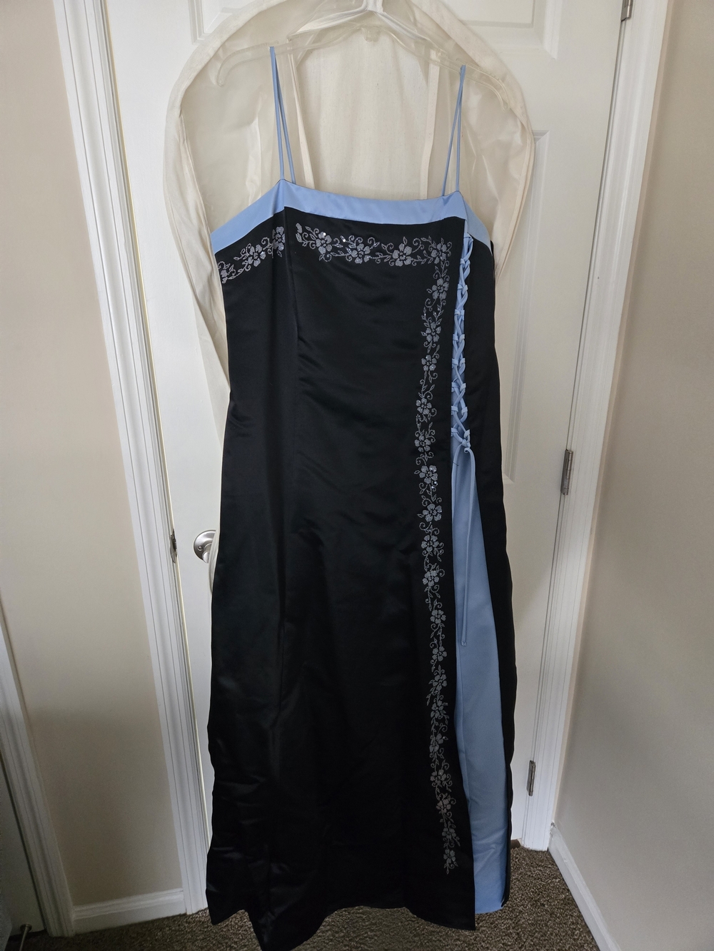 Black and Light Blue Spaghetti Strap Prom Dress with Floral Trim